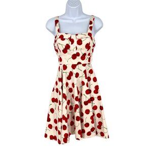 IXIA Cherry Print Fit and Flare Retro Sleeveless Dress White Red Size Small